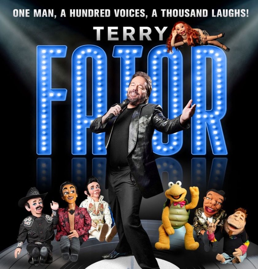 Terry Fator on stage with Walter T. Airdale, Fernando V. Francisco, Maynard Thompkins, Winston the Impersonating Turtle, Julius, and Duggie Scott Walker, with Vikki the Cougar above
