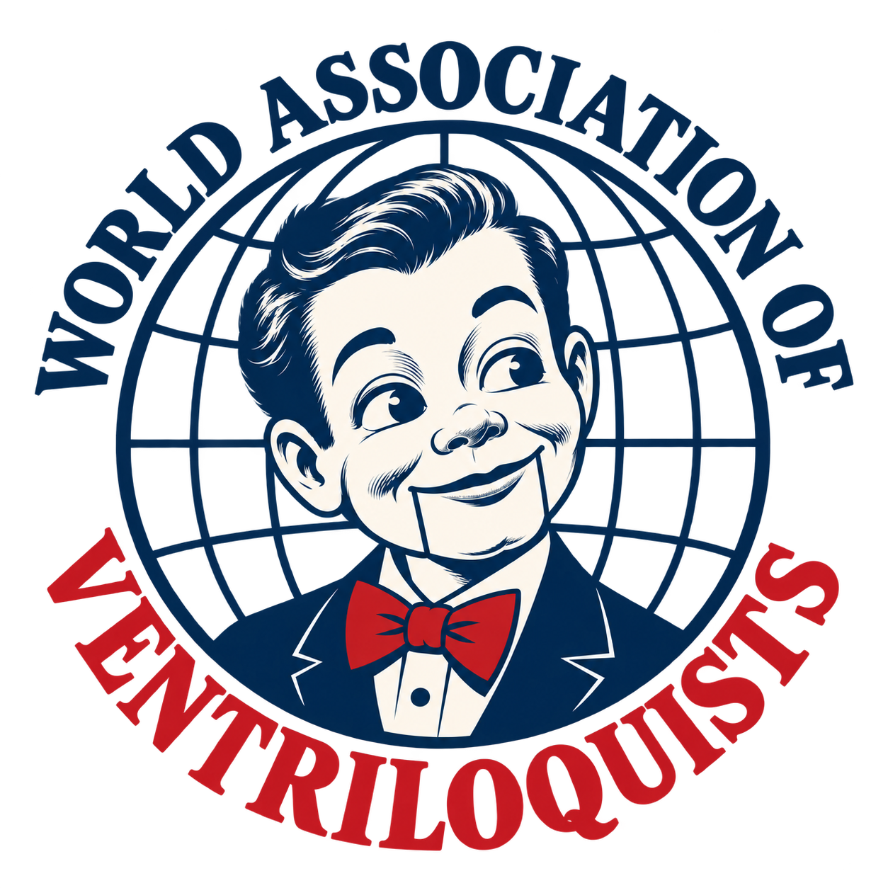 World Association of Ventriloquists: a smiling ventriloquist figure in front of a globe